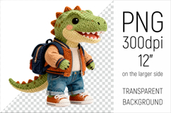 Knitted School Dino with Backpack Clipart. Perfect for school projects, graduation gifts, teacher appreciation designs, and educational materials.