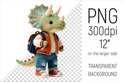 Knitted School Dino with Backpack Clipart. Perfect for school projects, graduation gifts, teacher appreciation designs, and educational materials.