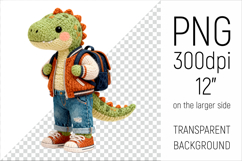 Knitted School Dino with Backpack Clipart. Perfect for school projects, graduation gifts, teacher appreciation designs, and educational materials.