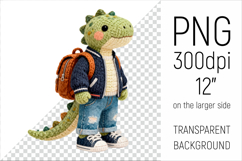 Knitted School Dino with Backpack Clipart. Perfect for school projects, graduation gifts, teacher appreciation designs, and educational materials.