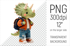 Knitted School Dino with Backpack Clipart. Perfect for school projects, graduation gifts, teacher appreciation designs, and educational materials.