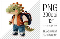 Knitted School Dino with Backpack Clipart. Perfect for school projects, graduation gifts, teacher appreciation designs, and educational materials.
