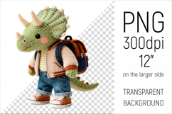 Knitted School Dino with Backpack Clipart. Perfect for school projects, graduation gifts, teacher appreciation designs, and educational materials.