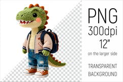 Knitted School Dino with Backpack Clipart. Perfect for school projects, graduation gifts, teacher appreciation designs, and educational materials.