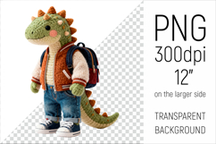 Knitted School Dino with Backpack Clipart. Perfect for school projects, graduation gifts, teacher appreciation designs, and educational materials.