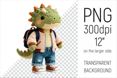 Knitted School Dino with Backpack Clipart. Perfect for school projects, graduation gifts, teacher appreciation designs, and educational materials.