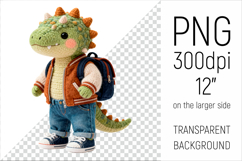 Knitted School Dino with Backpack Clipart. Perfect for school projects, graduation gifts, teacher appreciation designs, and educational materials.
