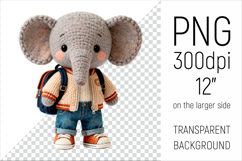 Knitted School Elephant with Backpack Clipart. Perfect for school projects, graduation gifts, teacher appreciation designs, and educational materials.