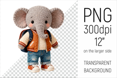 Knitted School Elephant with Backpack Clipart. Perfect for school projects, graduation gifts, teacher appreciation designs, and educational materials.