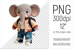 Knitted School Elephant with Backpack Clipart. Perfect for school projects, graduation gifts, teacher appreciation designs, and educational materials.
