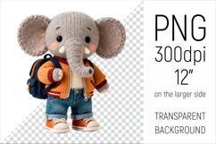 Knitted School Elephant with Backpack Clipart. Perfect for school projects, graduation gifts, teacher appreciation designs, and educational materials.