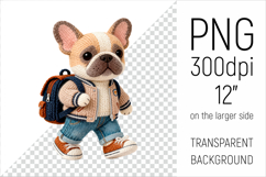 Knitted School French Bulldog with Backpack Clipart. Perfect for school projects, graduation gifts, teacher appreciation designs, and educational materials.
