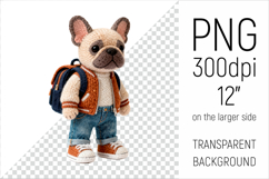 Knitted School French Bulldog with Backpack Clipart. Perfect for school projects, graduation gifts, teacher appreciation designs, and educational materials.