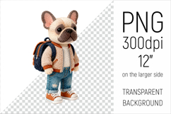 Knitted School French Bulldog with Backpack Clipart. Perfect for school projects, graduation gifts, teacher appreciation designs, and educational materials.