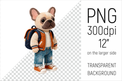 Knitted School French Bulldog with Backpack Clipart. Perfect for school projects, graduation gifts, teacher appreciation designs, and educational materials.