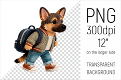 Knitted School German Shepherd with Backpack Clipart. Perfect for school projects, graduation gifts, teacher appreciation designs, and educational materials.
