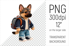Knitted School German Shepherd with Backpack Clipart. Perfect for school projects, graduation gifts, teacher appreciation designs, and educational materials.