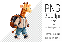 Knitted School Giraffe with Backpack Clipart. Perfect for school projects, graduation gifts, teacher appreciation designs, and educational materials.