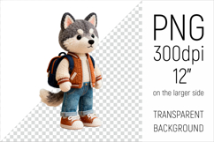 Knitted School Husky Dog with Backpack Clipart. Perfect for school projects, graduation gifts, teacher appreciation designs, and educational materials.