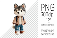 Knitted School Husky Dog with Backpack Clipart. Perfect for school projects, graduation gifts, teacher appreciation designs, and educational materials.
