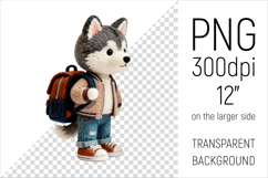 Knitted School Husky Dog with Backpack Clipart. Perfect for school projects, graduation gifts, teacher appreciation designs, and educational materials.
