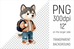 Knitted School Husky Dog with Backpack Clipart. Perfect for school projects, graduation gifts, teacher appreciation designs, and educational materials.