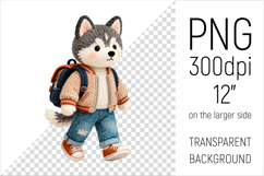Knitted School Husky Dog with Backpack Clipart. Perfect for school projects, graduation gifts, teacher appreciation designs, and educational materials.