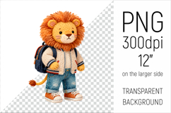 Knitted School Lion with Backpack Clipart. Perfect for school projects, graduation gifts, teacher appreciation designs, and educational materials.