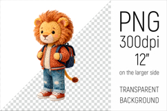 Knitted School Lion with Backpack Clipart. Perfect for school projects, graduation gifts, teacher appreciation designs, and educational materials.