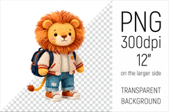 Knitted School Lion with Backpack Clipart. Perfect for school projects, graduation gifts, teacher appreciation designs, and educational materials.