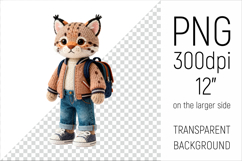 Knitted School Lynx with Backpack Clipart. Perfect for school projects, graduation gifts, teacher appreciation designs, and educational materials.