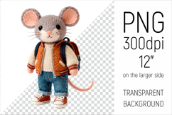 Knitted School Mouse with Backpack Clipart. Perfect for school projects, graduation gifts, teacher appreciation designs, and educational materials.