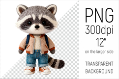 Knitted School Raccoon with Backpack Clipart. Perfect for school projects, graduation gifts, teacher appreciation designs, and educational materials.