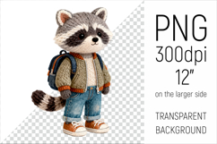 Knitted School Raccoon with Backpack Clipart. Perfect for school projects, graduation gifts, teacher appreciation designs, and educational materials.