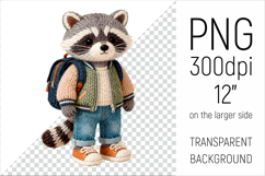 Knitted School Raccoon with Backpack Clipart. Perfect for school projects, graduation gifts, teacher appreciation designs, and educational materials.