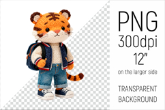 Knitted School Tiger  with Backpack Clipart. Perfect for school projects, graduation gifts, teacher appreciation designs, and educational materials.