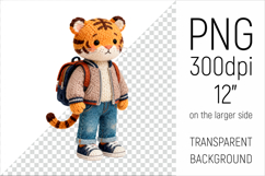 Knitted School Tiger  with Backpack Clipart. Perfect for school projects, graduation gifts, teacher appreciation designs, and educational materials.