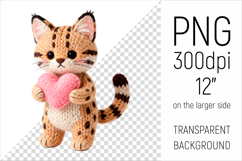 Knitted Serval Cat with Heart. Valentine Clipart. Ideal for sublimation projects, Valentines Day gifts, mugs, T-shirts, cards, stickers, scrapbooking, nursery decor, planners, and digital crafts.