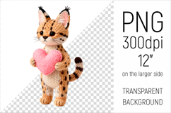 Knitted Serval Cat with Heart. Valentine Clipart. Ideal for sublimation projects, Valentines Day gifts, mugs, T-shirts, cards, stickers, scrapbooking, nursery decor, planners, and digital crafts.