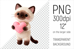 Knitted Siamese Cat with Heart. Valentine Clipart. Ideal for sublimation projects, Valentines Day gifts, mugs, T-shirts, cards, stickers, scrapbooking, nursery decor, planners, and digital crafts.