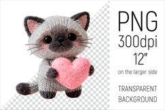 Knitted Siamese Cat with Heart. Valentine Clipart. Ideal for sublimation projects, Valentines Day gifts, mugs, T-shirts, cards, stickers, scrapbooking, nursery decor, planners, and digital crafts.