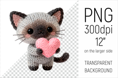 Knitted Siamese Cat with Heart. Valentine Clipart. Ideal for sublimation projects, Valentines Day gifts, mugs, T-shirts, cards, stickers, scrapbooking, nursery decor, planners, and digital crafts.