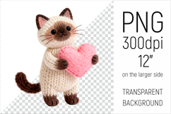 Knitted Siamese Cat with Heart. Valentine Clipart. Ideal for sublimation projects, Valentines Day gifts, mugs, T-shirts, cards, stickers, scrapbooking, nursery decor, planners, and digital crafts.