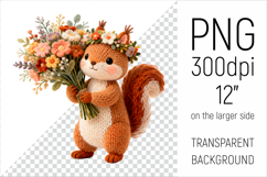 Knitted Squirrel  with Flowers Clipart. Perfect for Mothers Day gifts, birthday designs, spring celebrations, and heartfelt handmade creations.