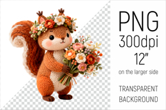 Knitted Squirrel  with Flowers Clipart. Perfect for Mothers Day gifts, birthday designs, spring celebrations, and heartfelt handmade creations.