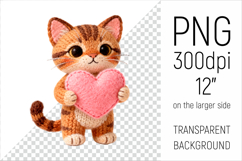 Knitted Tabby Cat with Heart. Valentine Clipart. Ideal for sublimation projects, Valentines Day gifts, mugs, T-shirts, cards, stickers, scrapbooking, nursery decor, planners, and digital crafts.
