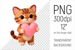Knitted Tabby Cat with Heart. Valentine Clipart. Ideal for sublimation projects, Valentines Day gifts, mugs, T-shirts, cards, stickers, scrapbooking, nursery decor, planners, and digital crafts.