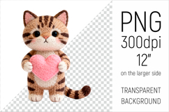 Knitted Tabby Cat with Heart. Valentine Clipart. Ideal for sublimation projects, Valentines Day gifts, mugs, T-shirts, cards, stickers, scrapbooking, nursery decor, planners, and digital crafts.