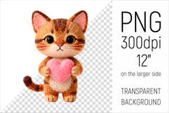 Knitted Tabby Cat with Heart. Valentine Clipart. Ideal for sublimation projects, Valentines Day gifts, mugs, T-shirts, cards, stickers, scrapbooking, nursery decor, planners, and digital crafts.