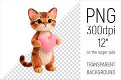 Knitted Tabby Cat with Heart. Valentine Clipart. Ideal for sublimation projects, Valentines Day gifts, mugs, T-shirts, cards, stickers, scrapbooking, nursery decor, planners, and digital crafts.